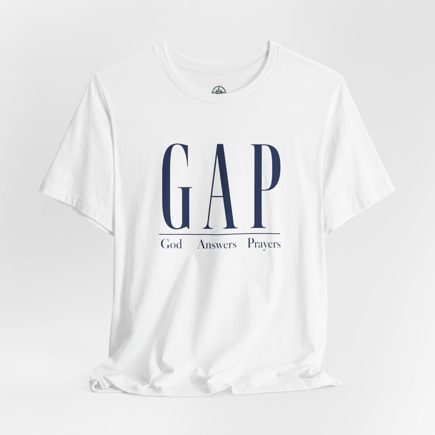GAP "God Answers Prayers" (Blue Text) Christian Short Sleeve Shirt