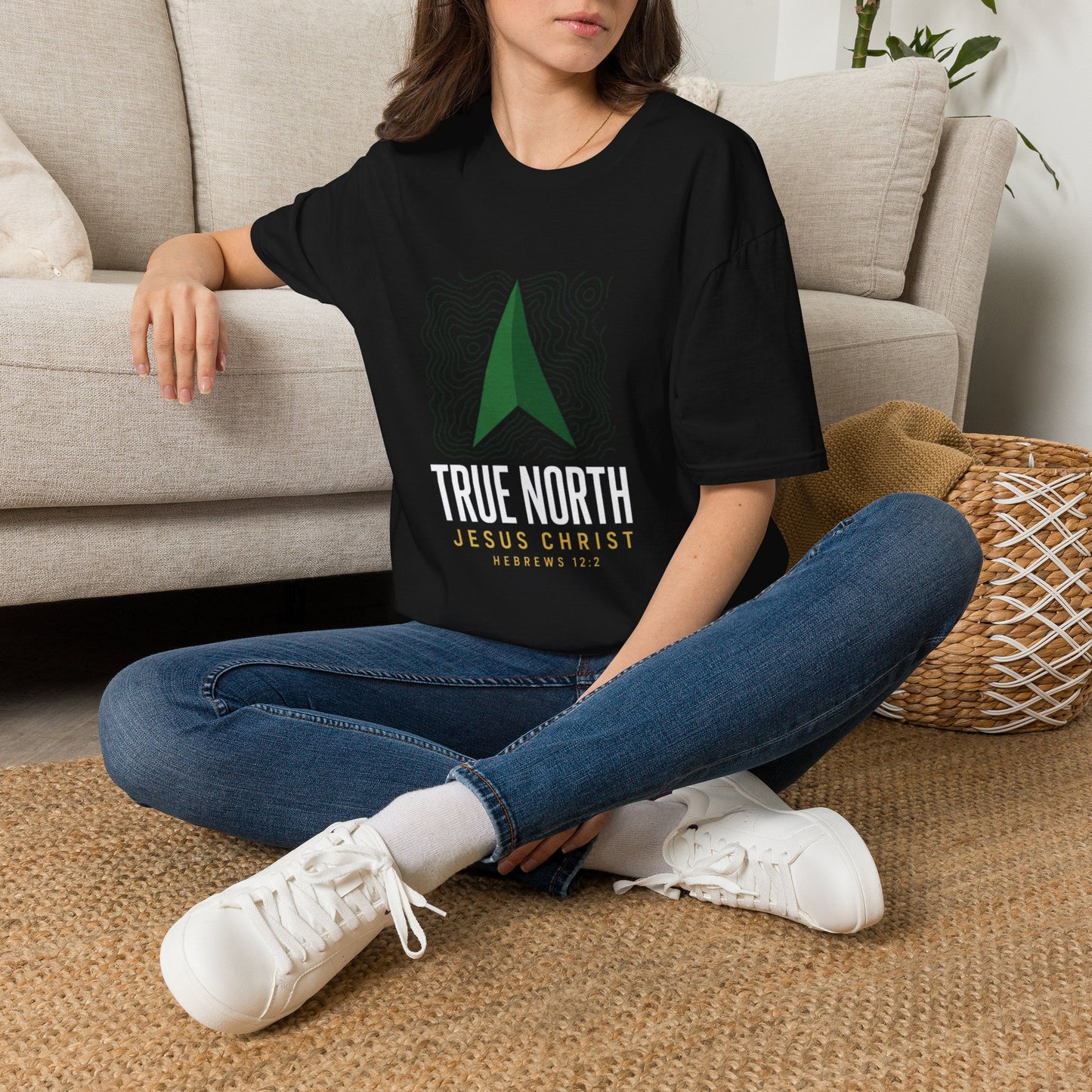 True North Jesus Christ T-Shirt - Hebrews 12:2 | Bible Compass