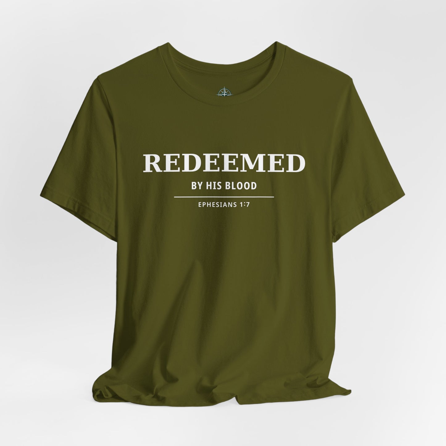 Redeemed T‑Shirt — "Redeemed by His Blood" Christian Faith Tee (Ephesians 1:7) - Bible Compass