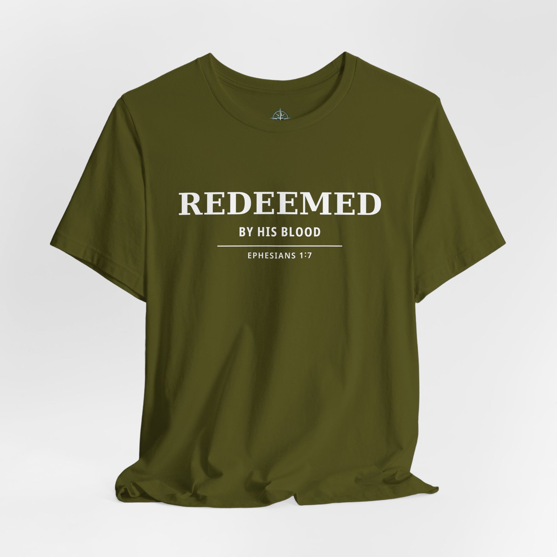 Redeemed T‑Shirt — "Redeemed by His Blood" Christian Faith Tee (Ephesians 1:7) - Bible Compass