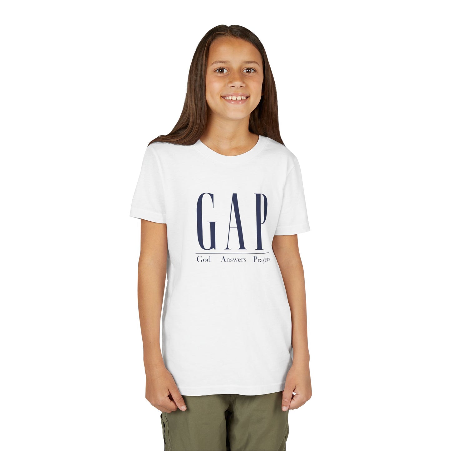 Youth Tee - GAP w/ Blue Text (God Answers Prayers) Christian T-Shirts
