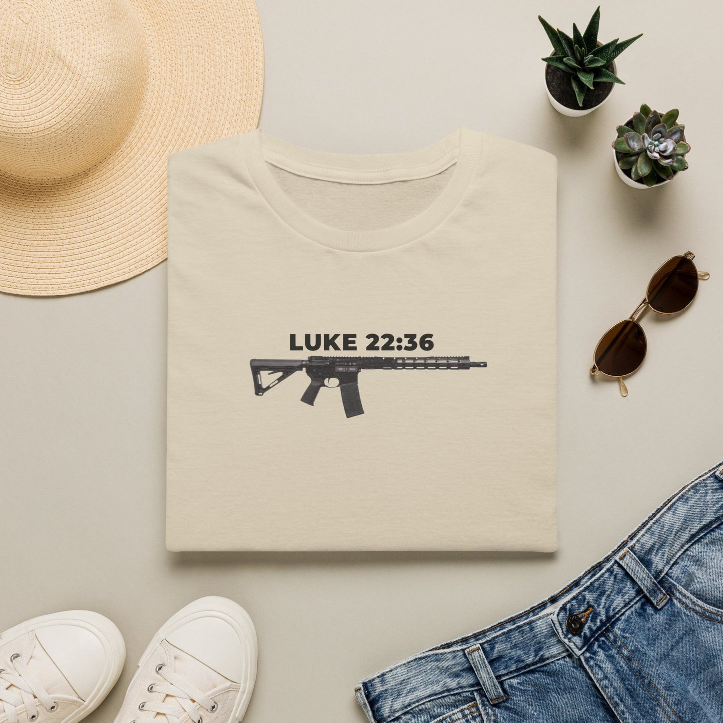 Sell your cloak and buy a sword — "Luke 22:36" Rifle Graphic Christian Faith Tee