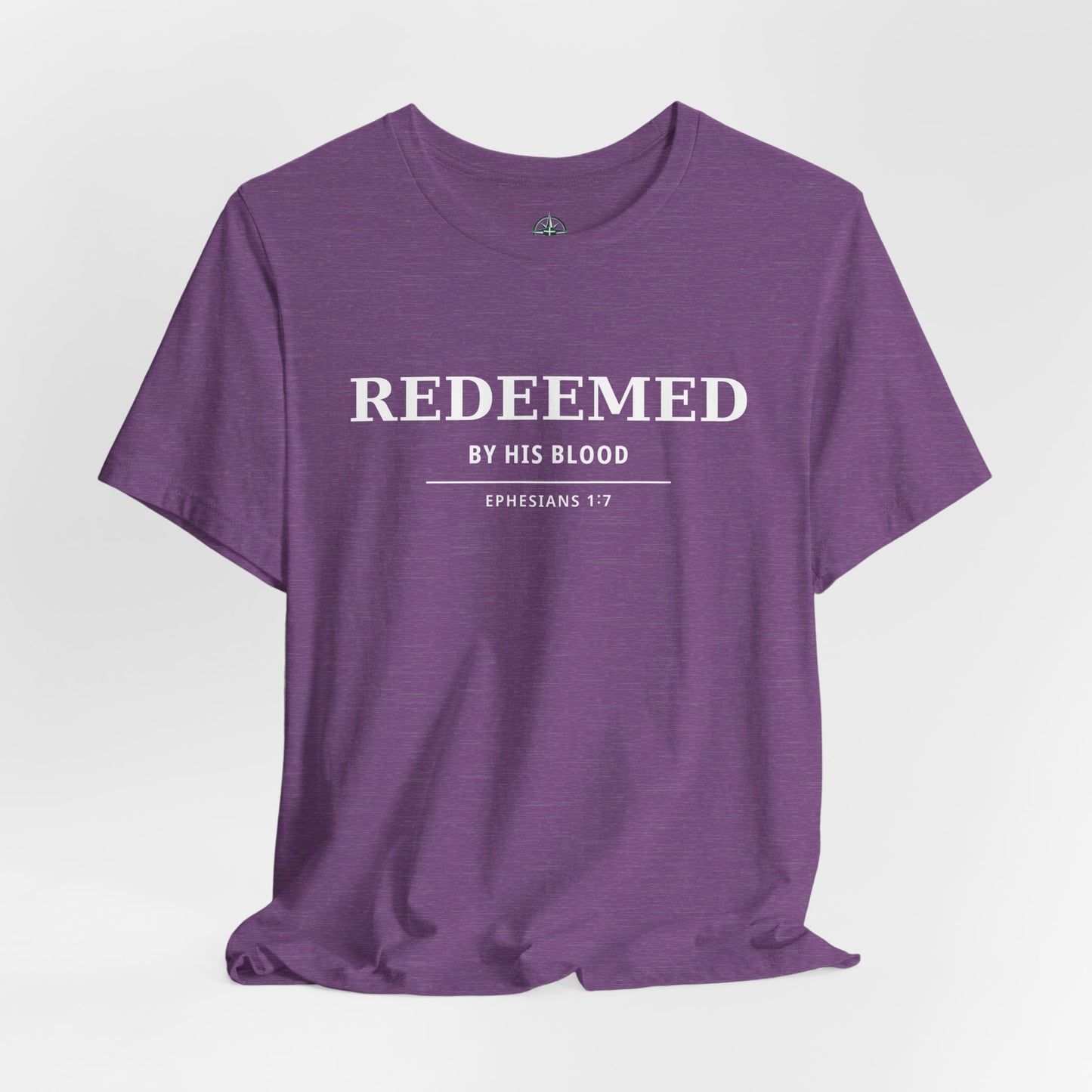 Redeemed T‑Shirt — "Redeemed by His Blood" Christian Faith Tee (Ephesians 1:7) - Bible Compass