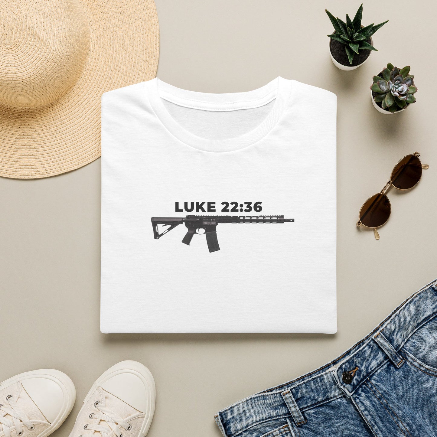 Sell your cloak and buy a sword — "Luke 22:36" Rifle Graphic Christian Faith Tee