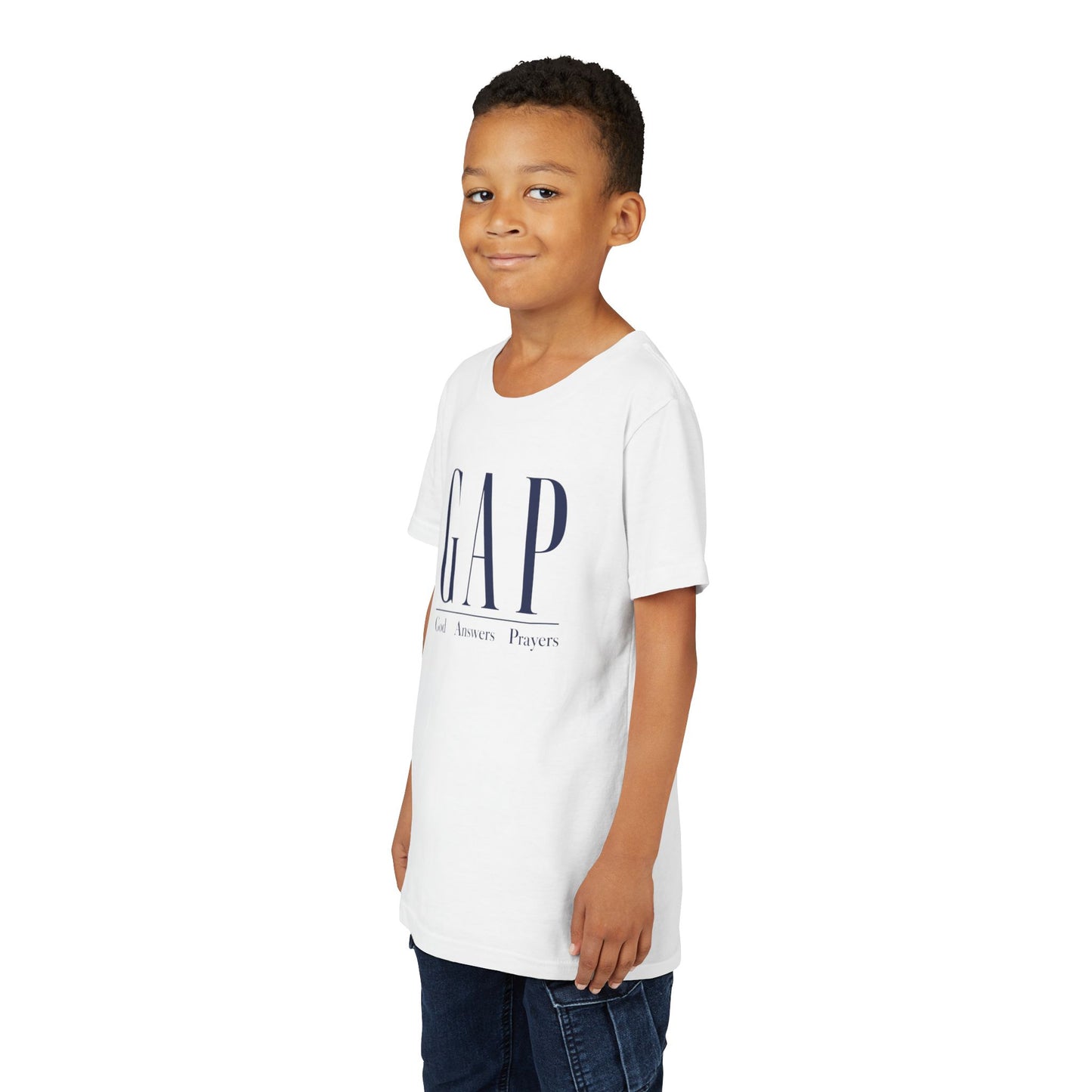 Youth Tee - GAP w/ Blue Text (God Answers Prayers) Christian T-Shirts